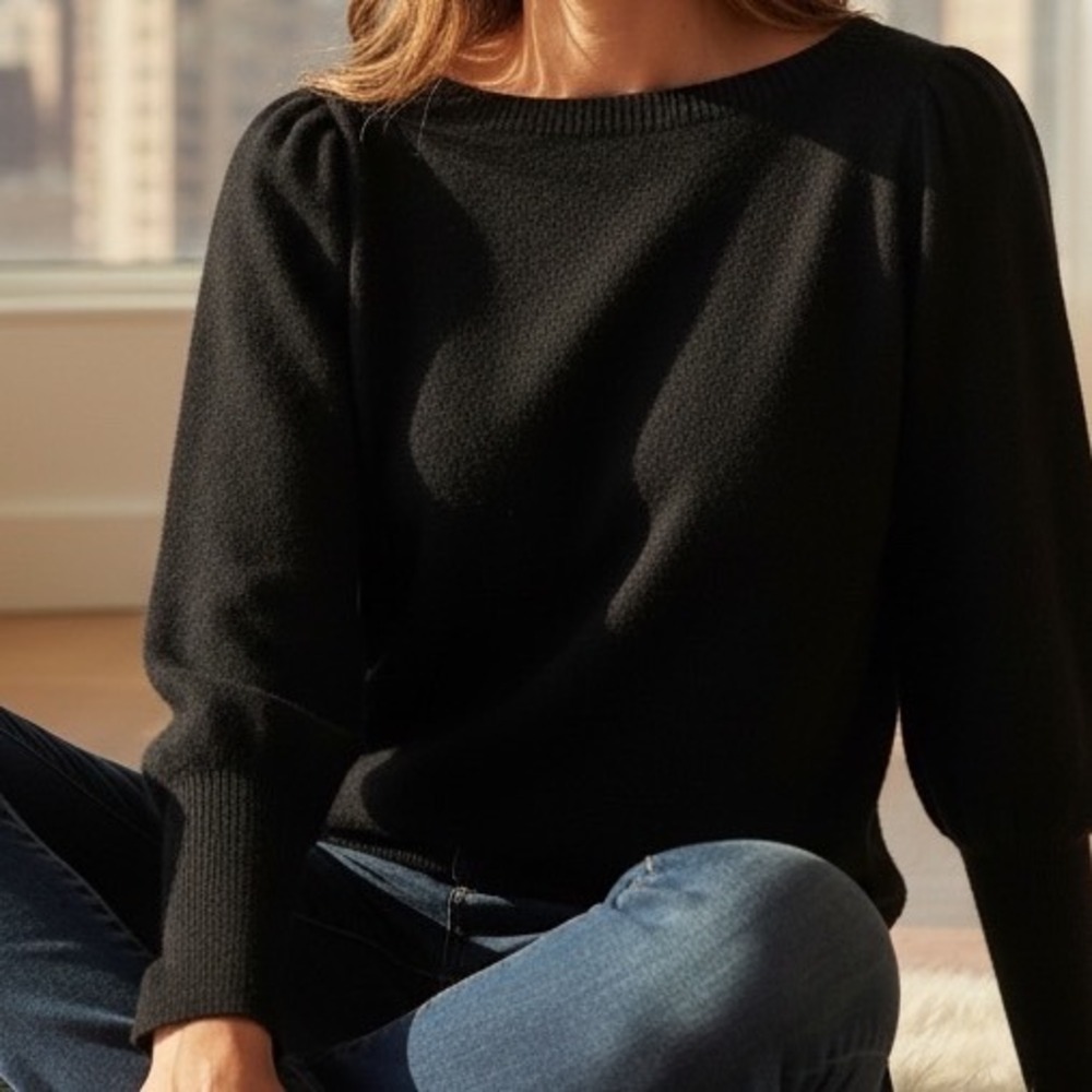 Nordstrom Womens 100% Cashmere Puff Sleeve Boat Neck Sweater Black Large L - Picture 2 of 9